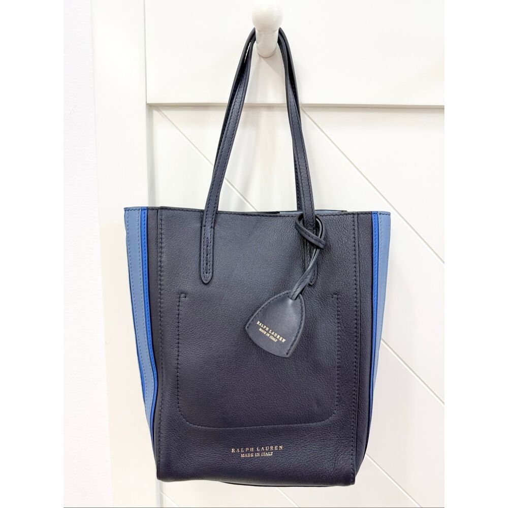 Ralph Lauren Purple Label Italy Calfskin Mini Modern Tote Navy Blue Stripe